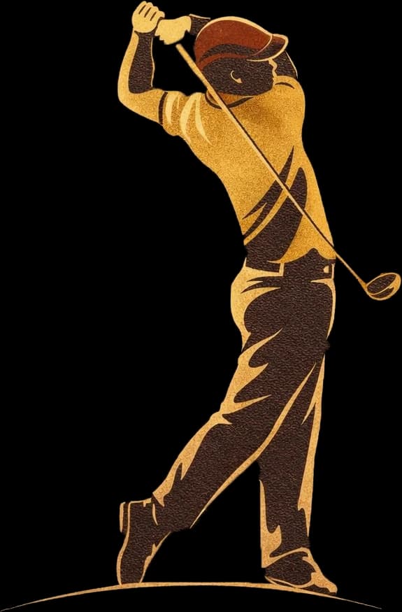 Holzschnitt-Illustration eines Golfers am Ende seines Schwungs, das Markenbild der Alten Gutsscheune